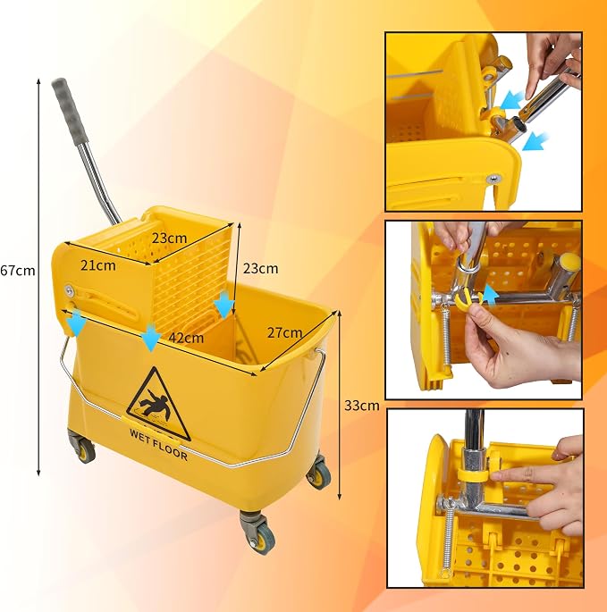 Mop Bucket with Wringer, 22 Qt (5.5 Gallon), Floor Cleaning, Handle, Wheels, 16.5" L x 10.6" W x 26.4" H, Yellow,Plus One Cotton Mop