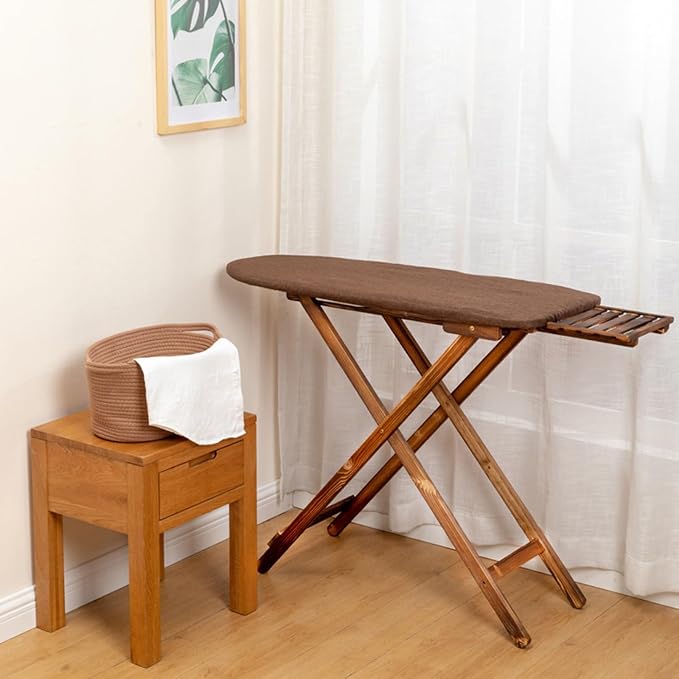 Premium Solid Wood Ironing Board with Foam Pad & Cotton Cover, Adjustable Height for Home Use(White)