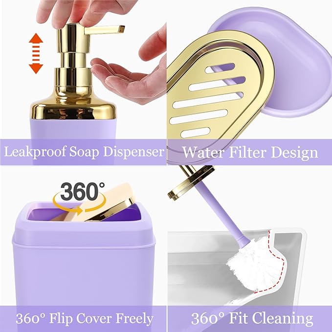 XLHOMO Bathroom Set, 9PC Bathroom Accessory Set, Purple Bathroom Accessories, Purple Bathroom Set, Trash Can, Soap Dispenser for Home Decor