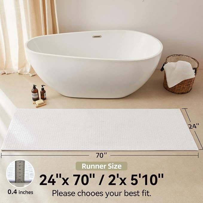 Triohero Bathroom Runner Rugs, Long Bath Mat Runner Washable Thin Quick Dry Low Pile Bathroom Runner Rugs Non Slip, White 24"x70"