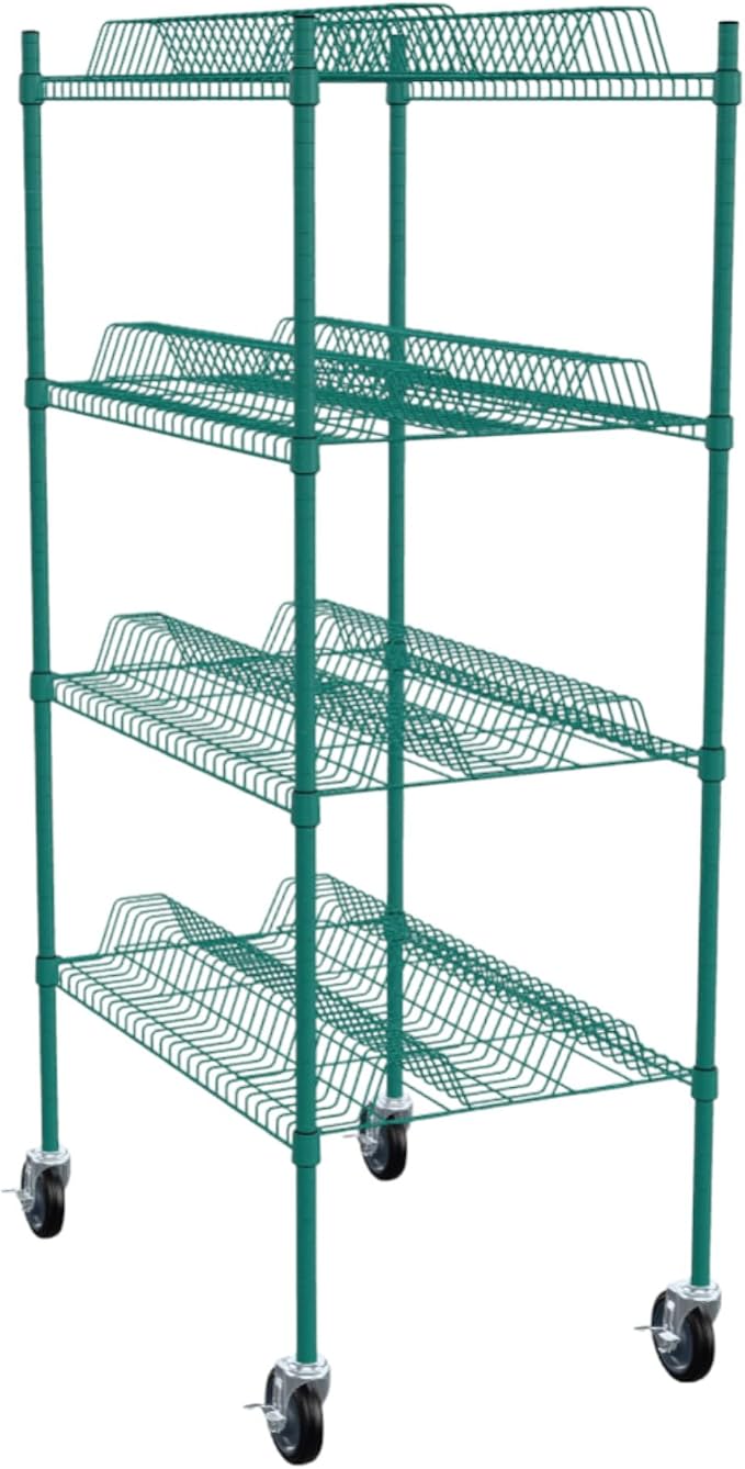 PRO&Family Green Epoxy 4-Tier Commercial Drying Rack with Casters – Heavy Duty Wire Shelving for Dish Drying, Kitchen Storage & Food Service Use (24" x 60" Mobile, 1 1/4" Slots)