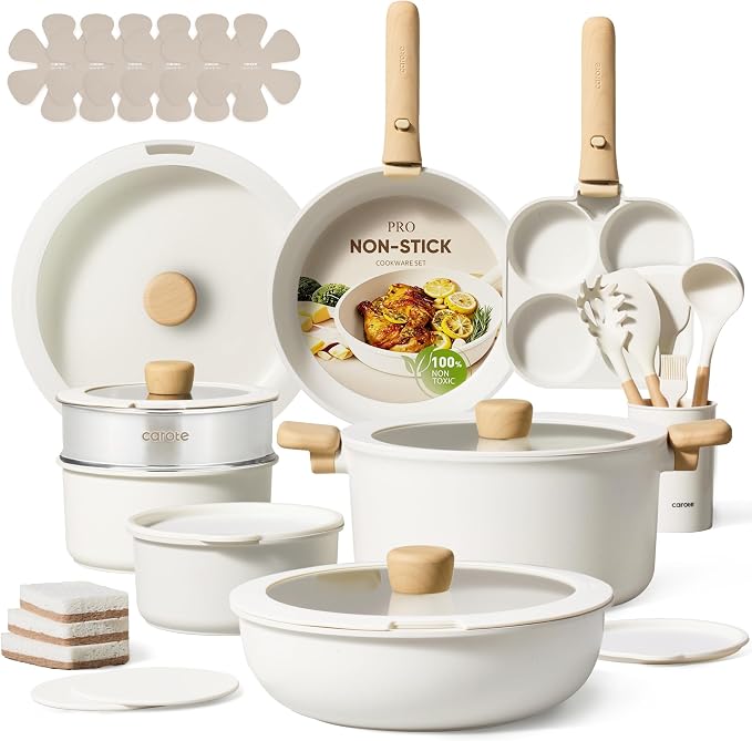 CAROTE 33pcs Pots and Pans Non Stick, Cookware Sets Detachable Handle, Induction Kitchen Pots and Pans, NonStick Cooking Set, Oven/Dishwasher/Fridge Safe, Space Saving