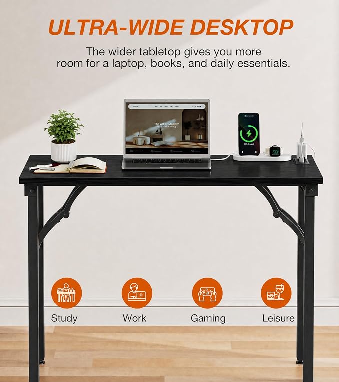 XBurmo Small Folding Desk Folding Table, No Assembly Foldable Desk Gaming Desk, 35.8-Inch Computer Table Workstation with 2 AC Outlets and 2 USB Ports for Bedroom and Home Office, Dark Oak