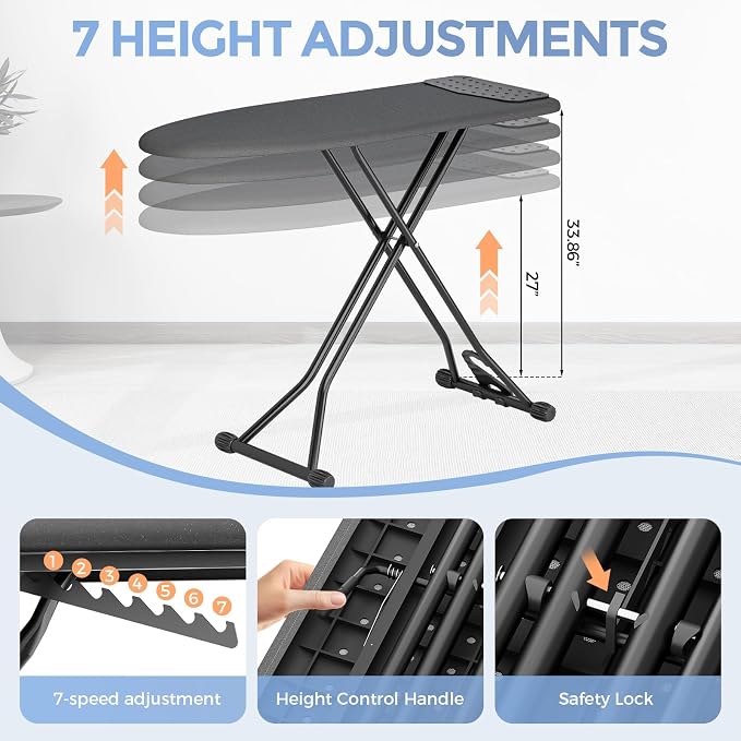 APEXCHASER Ironing Board, Compact Iron Board with Silicon Mat, Foldable Ironing Board with Heat Resistant Cover, 7 Height Adjustable, Space Saver Iron Board,13x43 Black