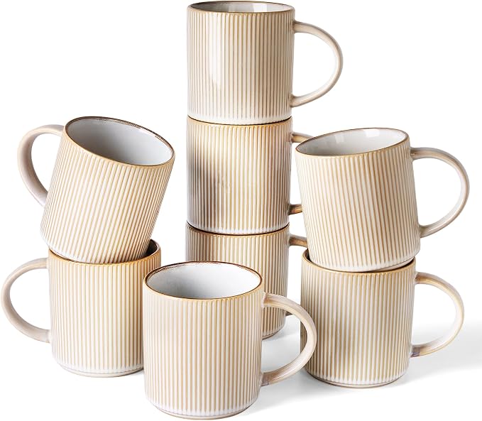 famiware Coffee Mug Set for 8, Star 16 oz Catering Mugs Cup Set with Handle for Coffee, Tea, Cocoa, Milk - Ceramic Stoneware Drinkware Set, Cappuccino White