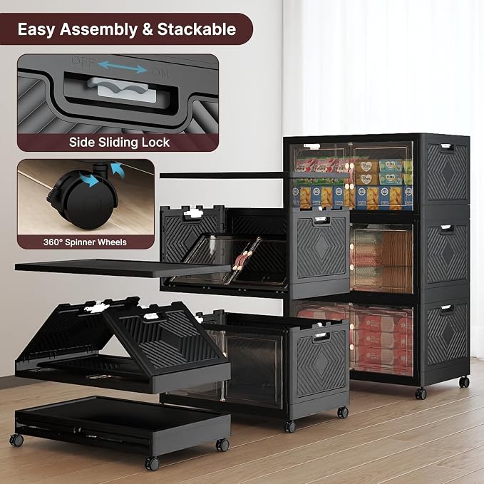 Stackable Storage Bins, 672QT Collapsible Drawers with 2 Lids | Large Capacity, Magnetic Door, Stack Lock, Rolling Wheels, Foldable Design, Organizers and Storage for Bedroom Dorm Garage
