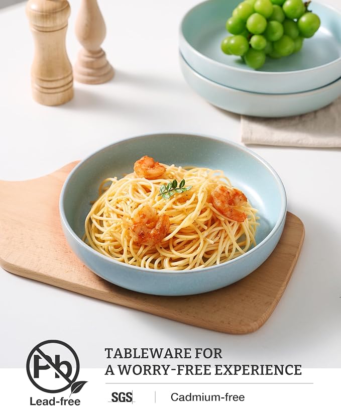 famiware Milkyway Pasta Bowls Set of 8, 33 oz Large Salad Bowls, Double Reactive Glaze, Sturdy & Stackable, Ideal for Housewarming, Festivals, Light Blue