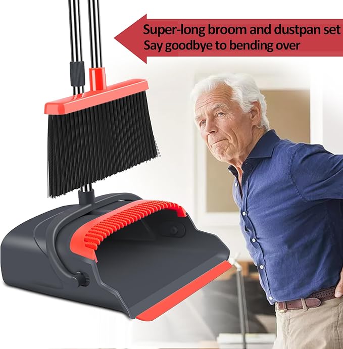 Upgrade Broom and Dustpan Set, Broom with Dustpan Combo Set, Large Size and with Long Handle, Upright,Ideal for Indoor Outdoor Garage Kitchen Room Office Lobby Use (Black&Red)