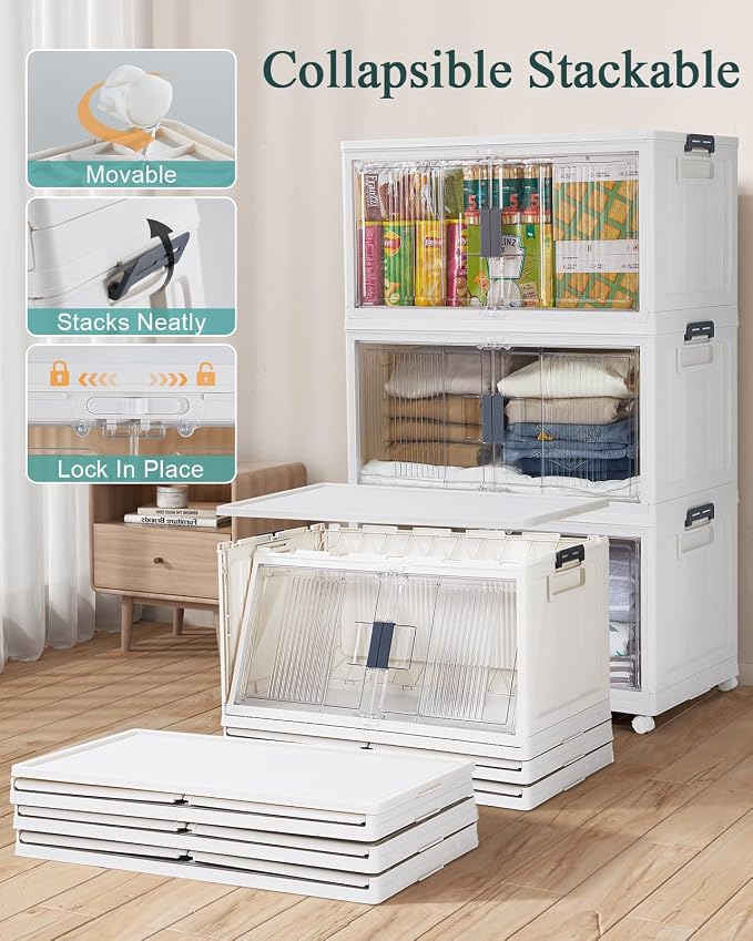 OlarHike 97QT Stackable Lockable Storage Bins with Lids - Folding Cabinet with Doors & Wheels, Collapsible Plastic Drawers for Closets and Organization, Garage, Shelves, College, School, 3 Pack Cubes