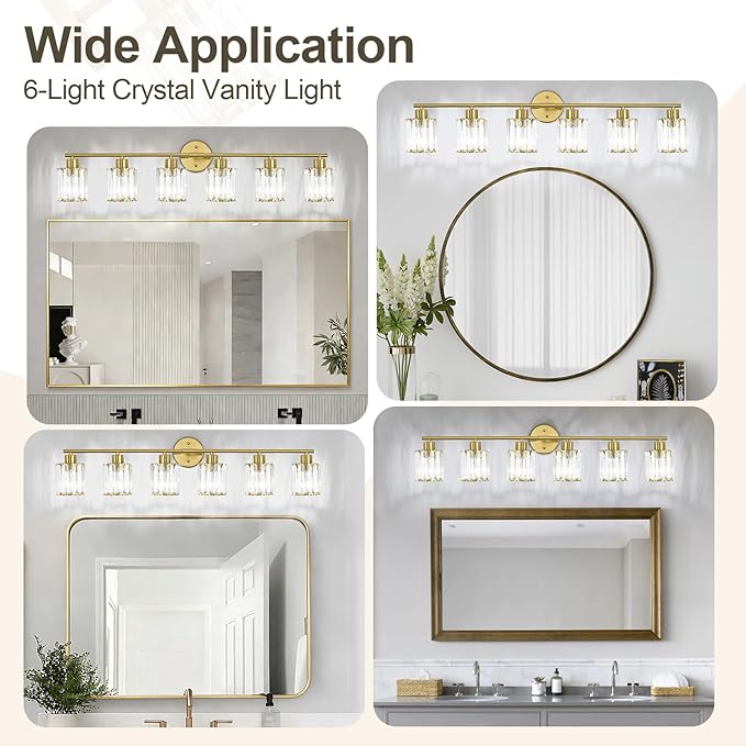 Crystal Bathroom Light Fixtures,Bathroom Lighting Fixtures Over Mirror, Modern 6-Light Brushed Nickel Vanity Lights for Mirror, Restroom,Kitchen(Ceramic E26 Socket,Bulbs Not Include)
