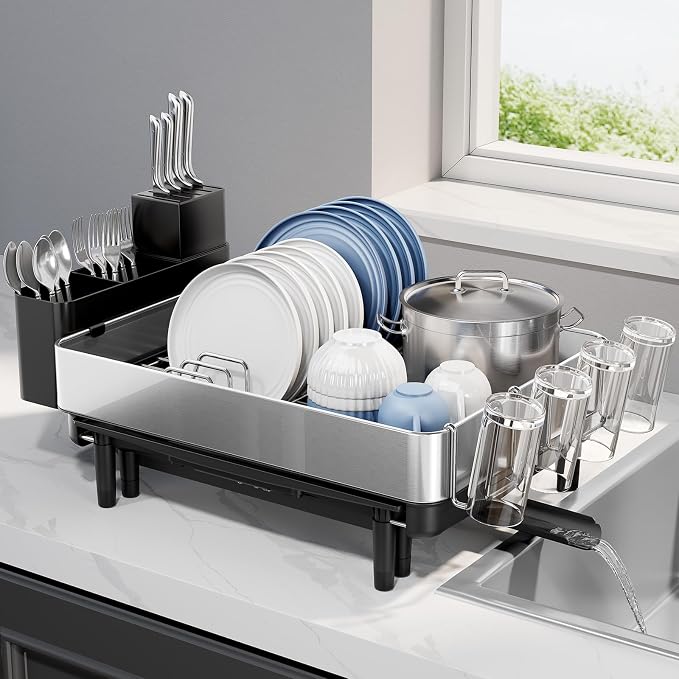 Urackify Expandable Dish Drying Rack, Stainless Steel, Large Capacity | Multifunctional Drainboard for Kitchen Countertop, Removable Cutlery Tray, Foldable Cup Holder, 20.4"L x 20"W, Silver