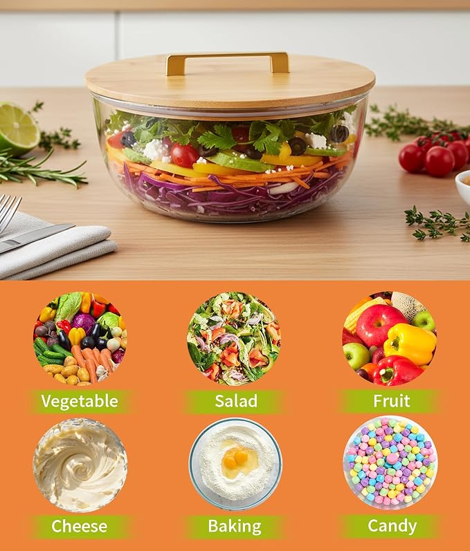 4.7Qt Large Glass Mixing Bowl with Lid, Clear Large Salad Bowls with Airtight Bamboo Lid & Handle,Thickened Glass Big Mixing Bowls Cooking Bowl for Serving, Food Prep, Kitchen,Borosilicate Glass