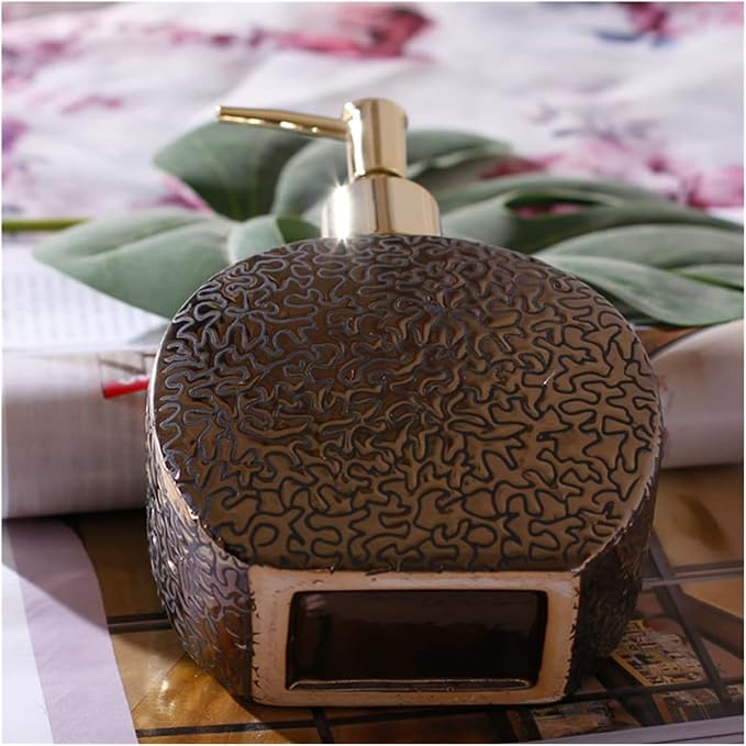 Art Deco Metallic Bronze Ceramic Soap Dispenser with Gold Pump - Elegant Round Refillable Bottle for Luxury Bathroom Decor