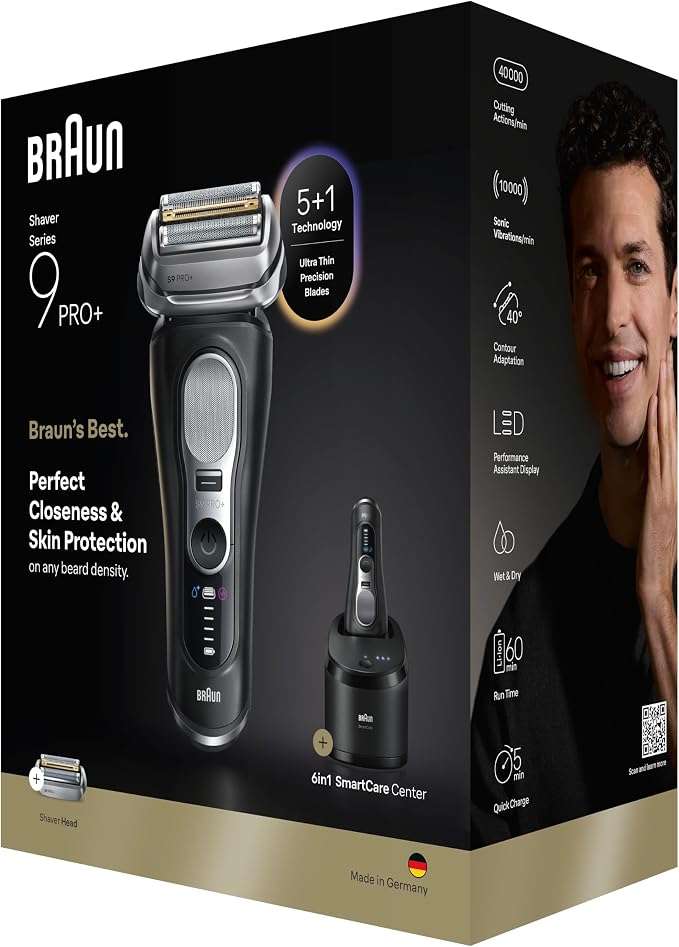 Braun Series 9 PRO+ Electric Shaver for Men, Wet & Dry Foil Razor, 6-in-1 SmartCare Center, Built-in Precision ProTrimmer, Replacement Head, Travel Case, Black 9660CCPS