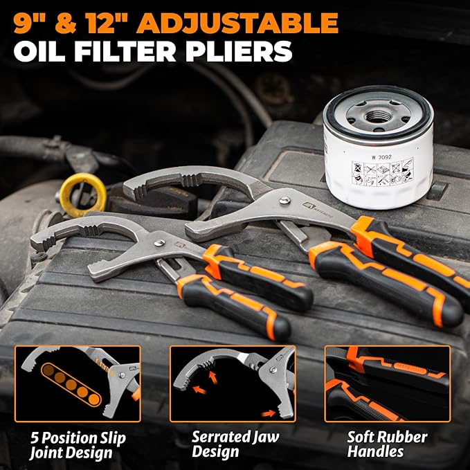 Oil Filter Wrench Set, 8 Piece Adjustable Oil Filter Wrenches 2-3/4" to 5-1/4", 9" & 12" Universal Oil Filter Removal Tool with 1/2" to 3/8" Adapter, Organized in Storage Case (8-Piece Set)
