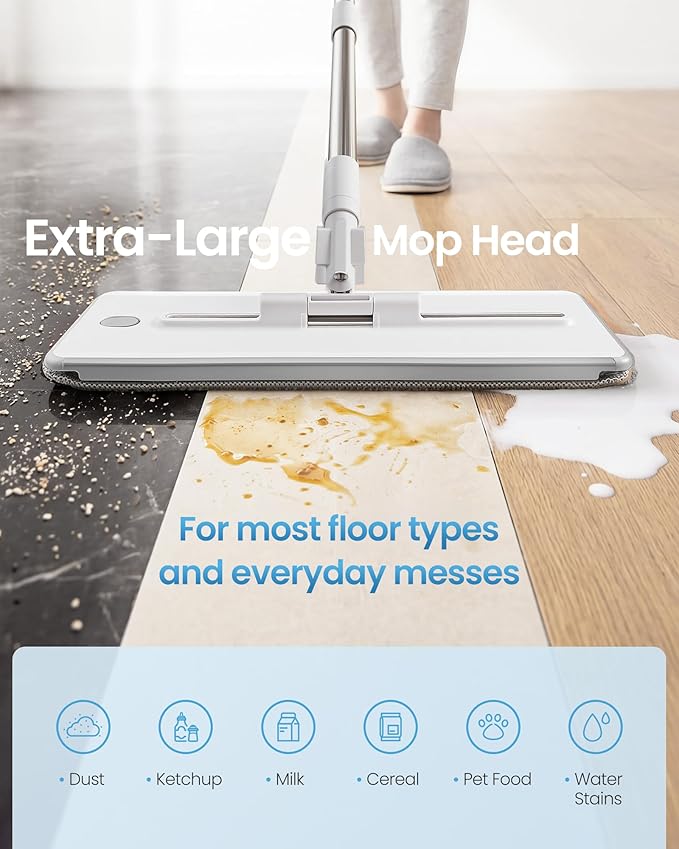 SONGMICS Mop and Bucket Set, Flat Mop with 3-Chamber Clean & Dirty Water Separation System, Wringer Bucket, 360° Rotating Head, 4 Microfiber Pads, White and Gray ULMB001WT04