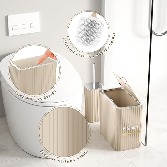 Bathroom Accessory Set - Bathroom Set, 12PC Bathroom Accessories Set, Beige Bathroom Accessories Set, Mini Trash Can, Toilet Brush, Trash Can & Soap Dispenser