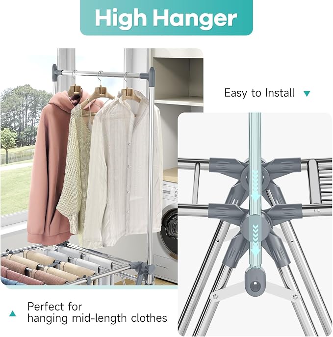 APEXCHASER Clothes Drying Rack with High Hanger, Foldable 3-Level Drying Racks with Shoe Rack, Crossbar and Vertical Rod Laundry Stand with Adjustable Wings Grey