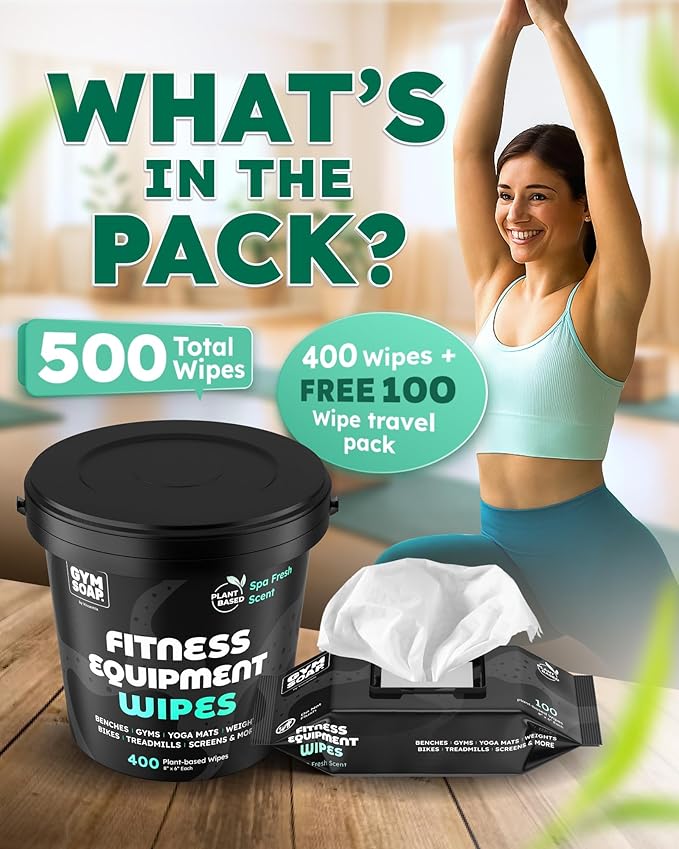 Gym & Yoga Mat Cleaner Wipes, Plant Based - 500 Gym Equipment Wipes to Clean Exercise Equipment, Treadmill, Peloton Bikes - Gym Supplies, Yoga Supplier, Cleaning Wipes for Home & Gym - Spa Fresh Scent