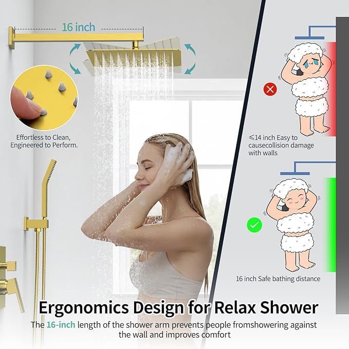 SR SUN RISE Shower Faucets Sets Complete Brushed Gold Square Rain Shower Head with Handheld Spray All Metal Shower Faucet Trim Repair Kits (Contain Shower Valve)