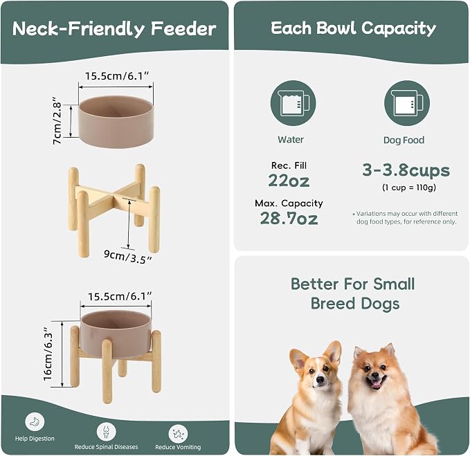 Havniva Elevated Dog Bowls Ceramic Dog Bowls with Stand, Dog Food Bowl | 6.1” Raised Dog Bowls with Non-Slip Wood Stand, Dog Food and Water Bowl Set, Dog Feeding Bowls for Small & Medium Dogs