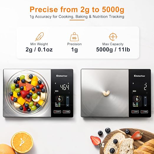 KitchenTour Smart Food Scale with Nutritional Calculator, Bluetooth App for Calorie & Macro Tracking, 24 Nutrients, 11lb/1g Stainless Steel Kitchen Scale