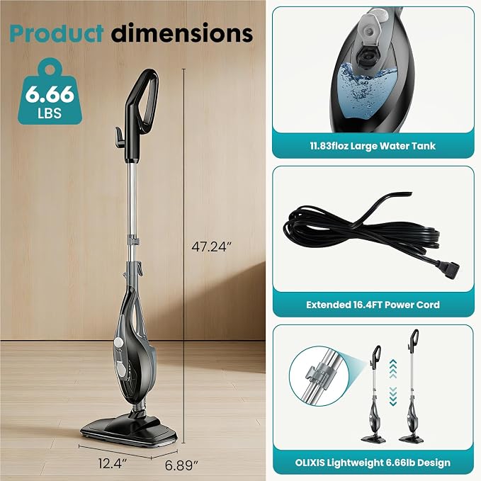 DUMOS 10-in-1 Multifunctional Steam Mop, 1550W Detachable Handheld Steam Cleaner, 16FT Power Cord with 2 Reusable Pads, Floor Steamer for Hardwood, Tile, Carpet, Grout, Windows
