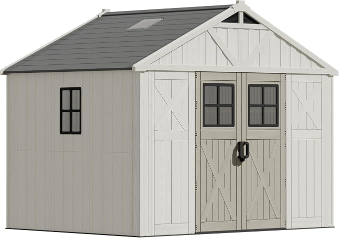 Devoko 10x8 FT Resin Outdoor Storage Shed with Floor, Plastic Tool Garden Shed with Windows & Lockable Door, Outside Large Storage Shed for Patio Backyard Lawn, Beige
