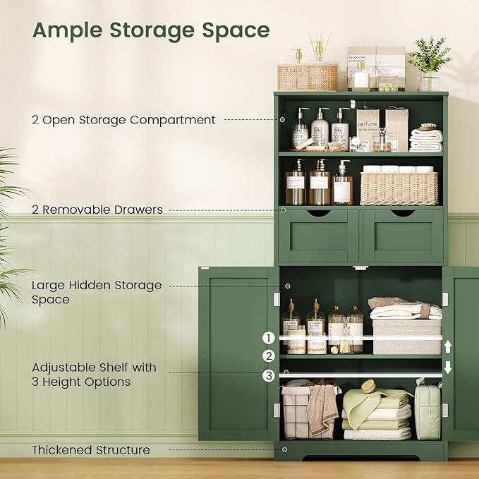Iwell Bathroom Storage Cabinet with Adjustable Shelf, Storage Cabinet with Doors, Kitchen Pantry Storage Cabinets, Cupboard, for Living Room, Dining Room, Entryway, Green