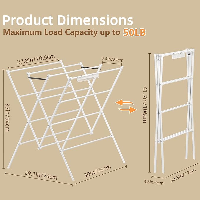 HOMIDEC Drying Rack Clothing,Large 12 Drying Poles with Sock Clips Clothes Drying Rack,Foldable Portable Laundry Drying Rack for Air Drying Clothing,Towels,Delicate Eac,Indoor Outdoor Use.White