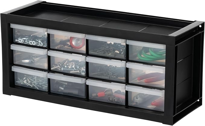 IRIS USA 12-Drawer Desk Storage Organizer, Made in USA, Small Parts Plastic Storage Drawers, Water Packet, Jewelry, Make up, Craft Supplies, Building Blocks, Charms, Nuts & Bolts, Black