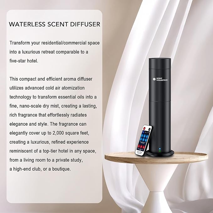 Hotel Waterless Scent Diffuser with 6 Fragrance Oils Covers up to 700 Sq Ft | Cold air scent diffuser with APP control, 6 fragrance oils, open bottle design, quiet operation, and 700 sq ft coverage.