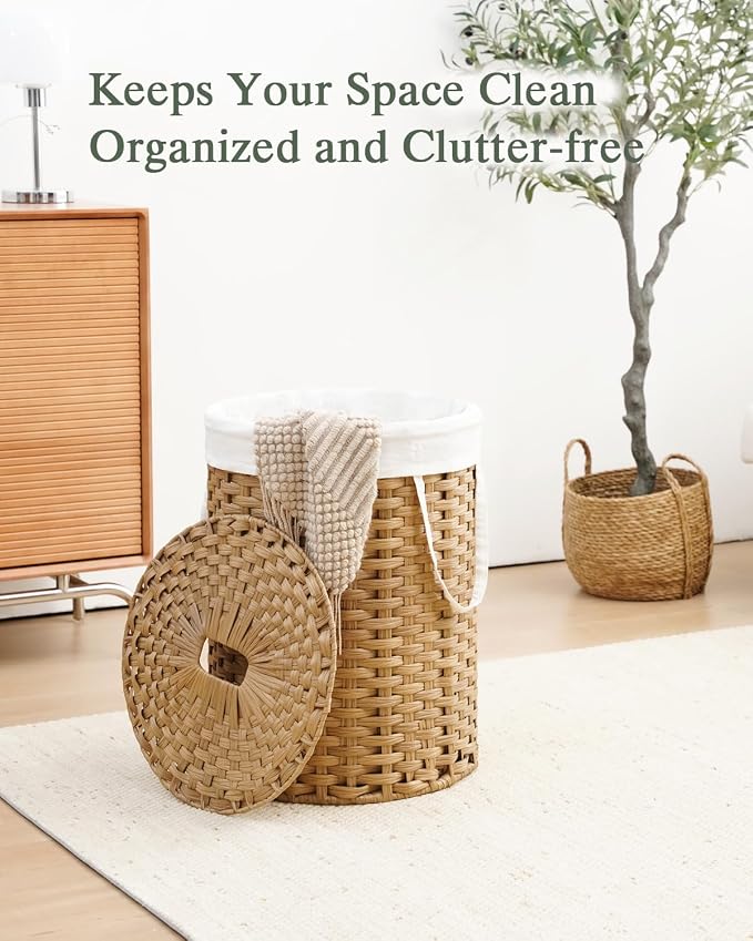 SETVSON Laundry Hamper with Lid 23.8 Gal (90 L) PE Rattan, Natural | 90L 23.8 Gal Round PE Rattan Hamper with Lid, Removable Washable Liner Bag, 2 Mesh Wash Bags, Steel Frame, Handles