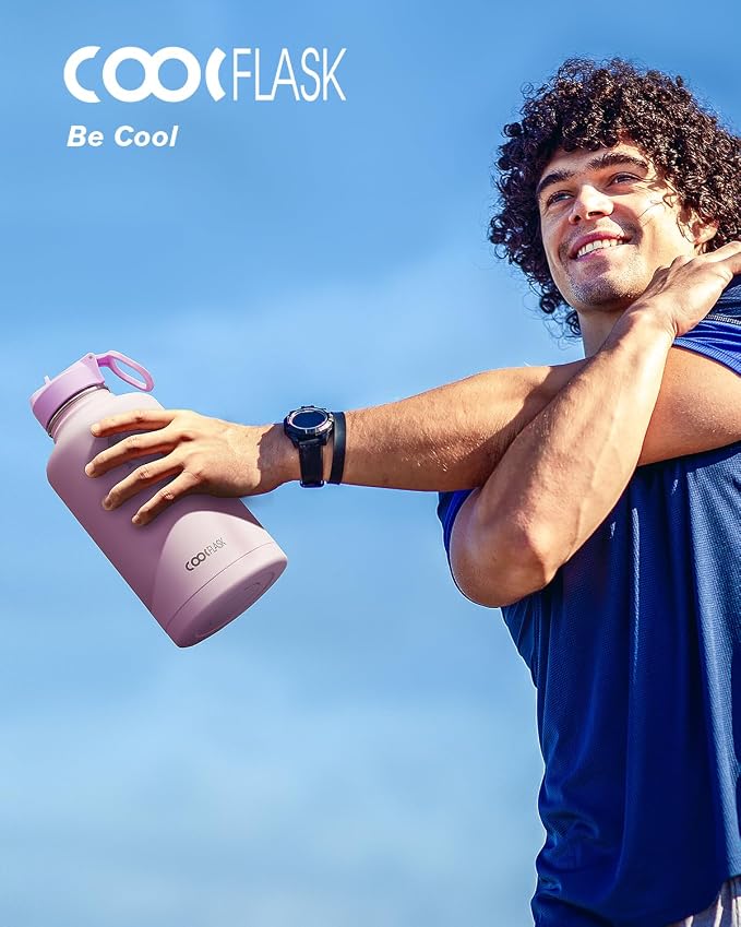 Coolflask Half Gallon Water Bottle Insulated with Straw & 3 Lids, 64 oz Water Jug Large Metal Stainless Steel Wide Mouth for Sports, Gym or Office, Non-BPA Keep Cold 48H Hot 24H, Pink