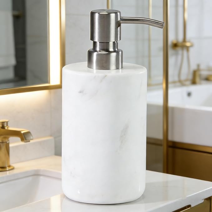 Marble Soap Dispenser Natural Organic Soap Pump with Metal Push Pump, Elegant Round Hand Lotion Jar, Premium Heavy Duty Pump Bottle, Lotion Jar for Kitchen, Bathroom, Laundry Room (White)