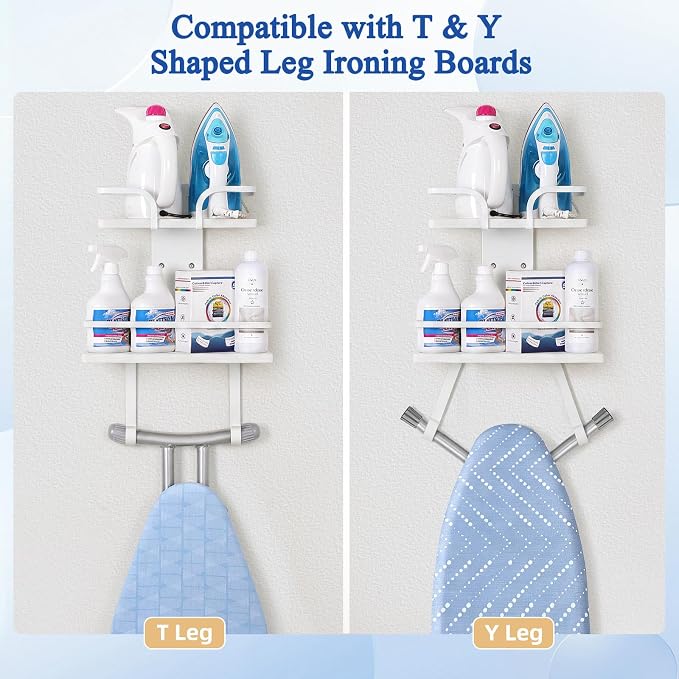 VINAEMO Ironing Board Hanger Wall Mount, 2-Layer Iron and Ironing Board Holder, Laundry Room Shelves Solid Wood with Removable Hooks Home Organization and Storage (White)