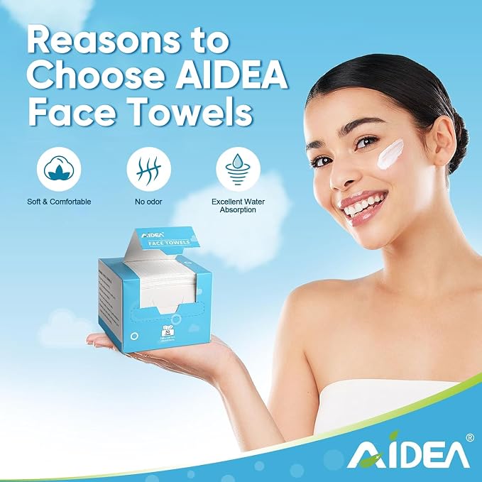 AIDEA Face Towels Disposable-100Ct (2 Box), Face Cloths for Sensitive Skin | Clean Facial Towelettes, Facial Cleansing Wipes for Makeup Removing, Nursing, Travel, Dry Wipes