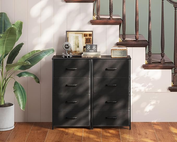 AODK Small Dresser for Bedroom with 4 Storage Drawers, Black | Dressers Chest of Drawers Fabric Dresser with Sturdy Steel Frame, Dressers for Closet with Wood Top