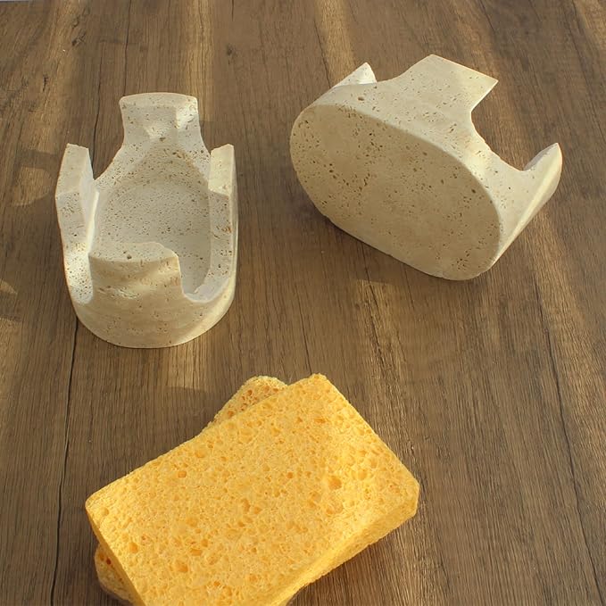 Nawgnail Natural Travertine Marble 2-Slot Sponge Holder for Kitchen Counter, 2-in-1 Stone Drying Rack, Sponge Caddy for Sink Organizer - Beige Travertine