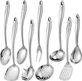 304 Stainless Steel Kitchen Utensil Set - 9 PCS Serving Utensils, Cooking Utensil, Solid Spoon, Slotted Spoon, Fork, Spatula, Ladle, Skimmer Spoon, Slotted Spatula Tunner, Spaghetti Spoon, Large Spoon | All Metal Spatula Spoon Set - Turner, Ladle, Skim...