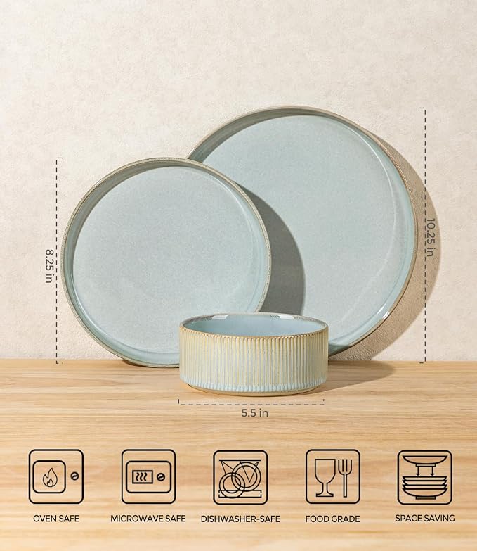 TheTerra Ceramic Dinnerware Sets for 4, 12 Pieces Porcelain Lightweight Plates and Bowls Sets, Scratch Resistant Dish Set, Oven & Microwave & Dishwasher Safe,Illusion Blue