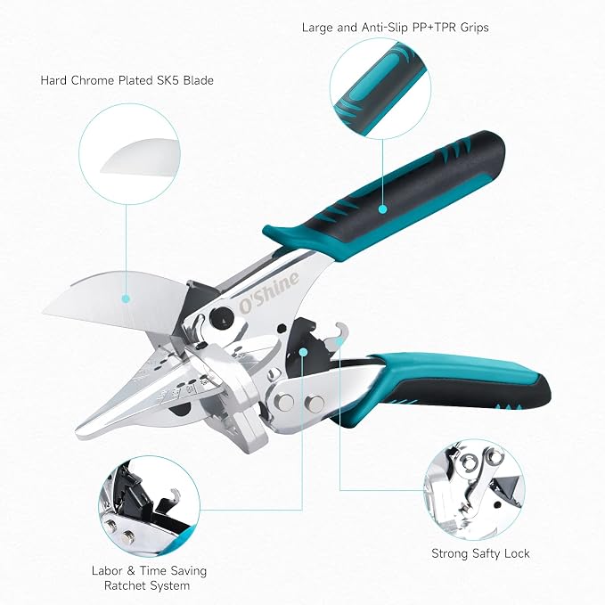 O’Shine Ratchet Miter Shears, 80% Force Reduction for Angular Cutting PVC Wood Molding, Quarter Round Cutting Tool, 45-135 Degree Multi Angle Crafting Trim Cutter Hand Tool, An Extra Blade Included