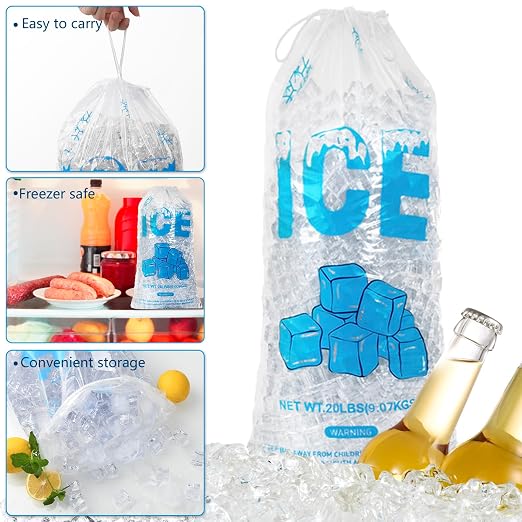 100 PACK 20 lb. Plastic Ice Bags with Cotton Draw String 14 x 28 Inch Heavy-Duty Plastic Ice Storage Bags with Draw String (2.8mil Thickness, Ice Cube pattern) | Heavy-Duty Plastic Ice Storage Bags with Draw String (2.8mil Thickness, Ice Cube pattern)