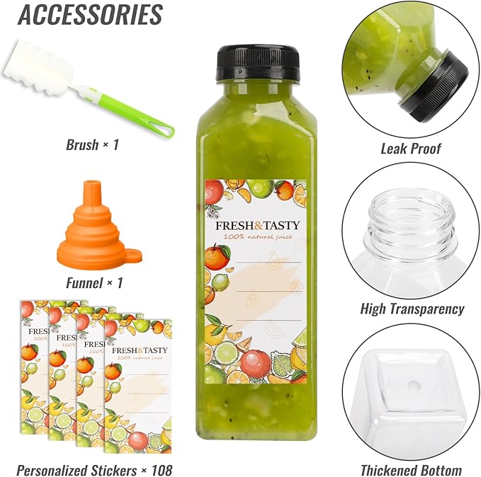 TOMNK 100pcs Plastic Bottles with Caps, 16oz Juice Bottles, with Caps with Black Caps,with Label, Funnel and Brush Beverage Containers for Juicing, Smoothies, Tea, Milk