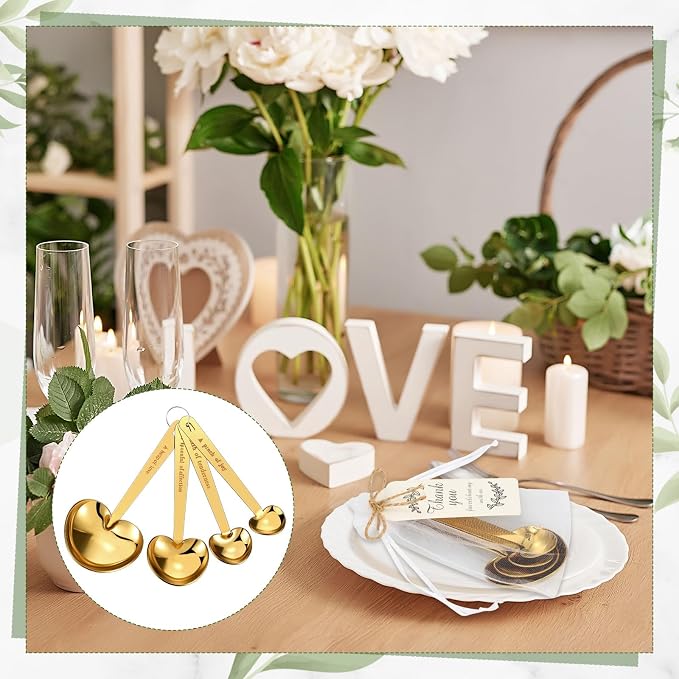 Umigy 100 Set Heart Shaped Measuring Spoon Tea Spoons Wedding Baby Shower Favors for Guests Set Heart Shape Drawstring Organza Bag Gift Tag Rope for Wedding Bridal Shower Souvenir (Gold)