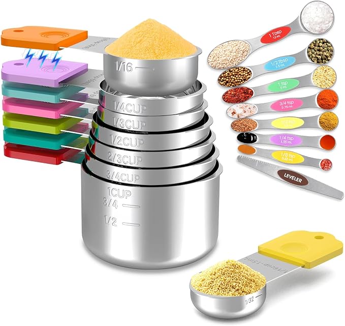 Magnetic Measuring Cups and Spoons Set | 16-Piece Stainless Steel Metal Baking Essentials (8 Cups +7 Spoons + 1 Leveler) with Space-Saving Design | Cookware Gift Idea