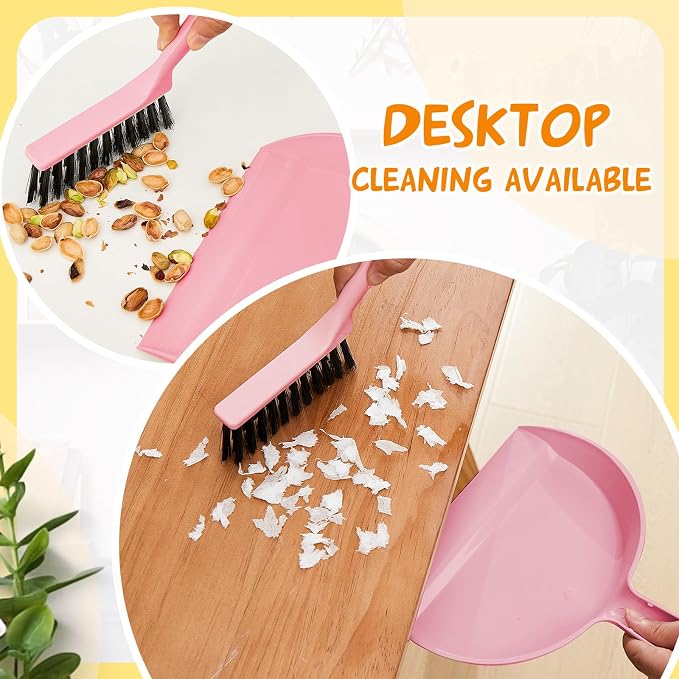 Sliner 18 Pack Mini Dustpan and Brush Set Nesting Snap Plastic Dust Pans with Brush Small Handheld Broom and Dustpan Set Bulk Portable Cleaning Suitable for Desktop Pets Care Camping(Pink)