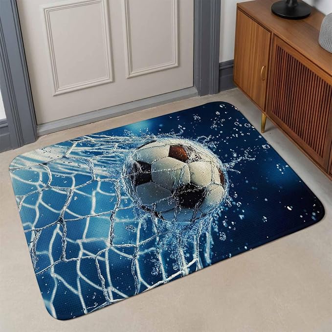 Small Door Mat Indoor Outdoor 15.7"x23.6", Soccer Ball Absorbent Non Slip Entry Rug, Wet Net Power Shot Blue Football Low Profile Welcome Mat for Front Door Apartment Entrance Bathroom Side Door