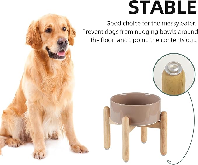 Havniva Elevated Dog Bowls Ceramic Dog Bowls with Stand, Dog Food Bowl | 7.3” Raised Dog Bowls with Non-Slip Wood Stand, Dog Food and Water Bowl Set, Dog Feeding Bowls for Medium Dogs