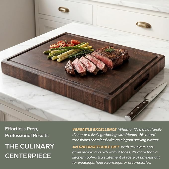 muso wood End Grain Cutting Board, Black Walnut Wood, 2" Thick Dual-Sided Wooden Chopping Board with Juice Groove & Handle - Idea for meat cutting, vegetable dicing, and fruit processing, 20 x 15 inch